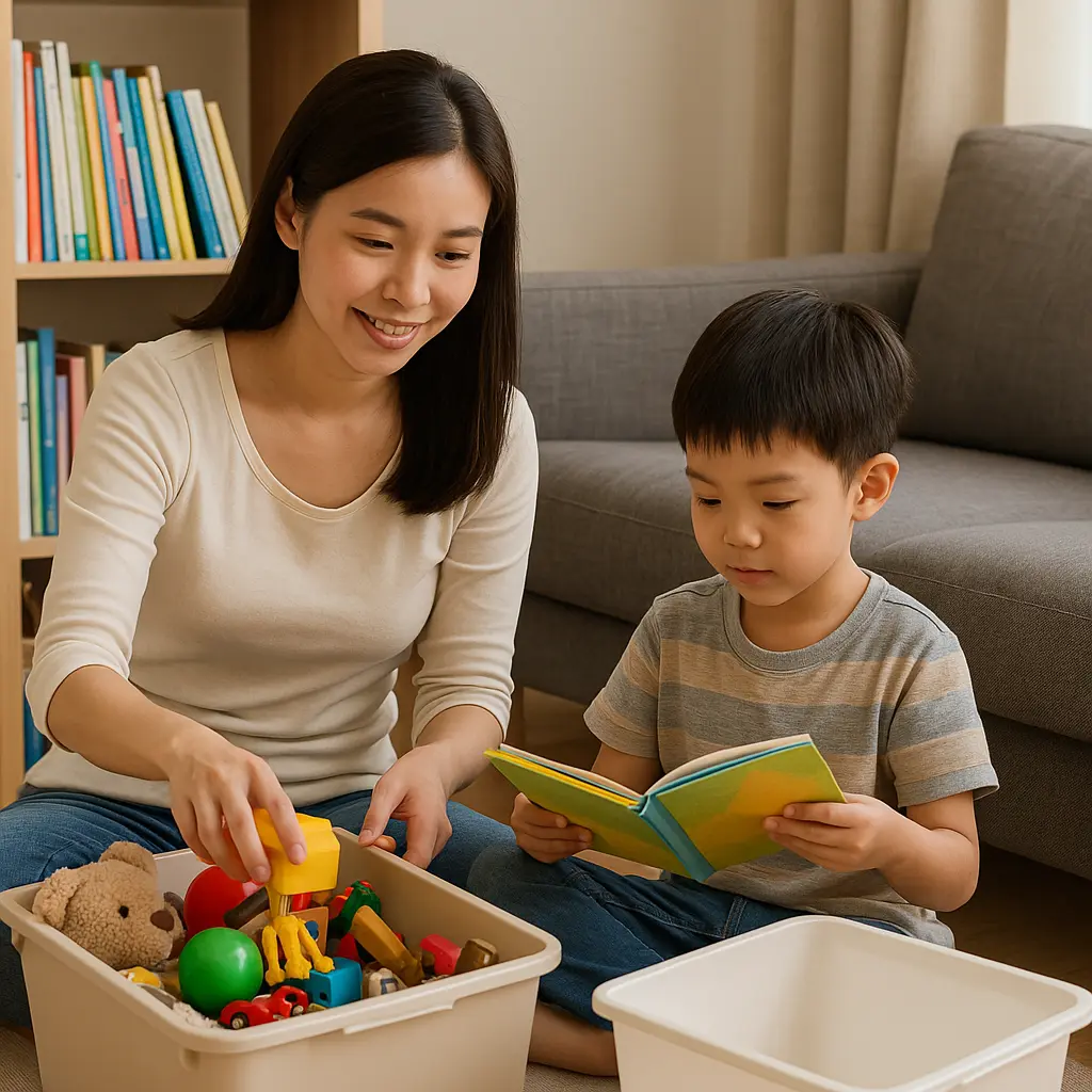 媽媽與孩子一起收拾玩具分類入箱