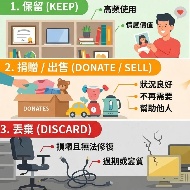 分類: 將物品分成「保留」、「捐贈/出售」、「丟棄」三大類。在分類時,請依循前面提到的三大黃金原則。